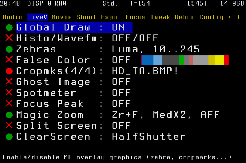 The Live View settings from Magic Lantern 